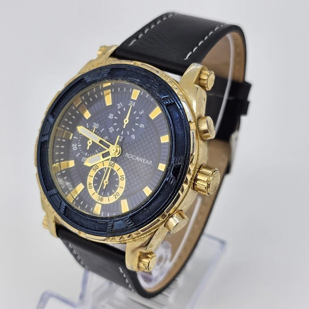 Rocawear Men's Watch 46MM Blue Dial NEW Black Faux‎ Leather Bands NEW Battery